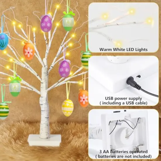 12 Pieces 24" Easter Lighted Birch Tree withOrnaments,Warm White LED Birch Tree Light Tabletop Artificial Tree 8 Lighting Modes USB or Batteries Operated with Timer for Easter Decor {1}