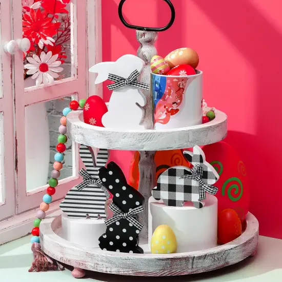 4 Pcs Easter Bunny Table Wooden Signs Bunny Shaped Farmhouse Decor Spring Bunny Wood Tabletop Easter Decorations Easter Bunny Dining Room Table Decor Sign Bunny Decor with Rope (Striped) {2}