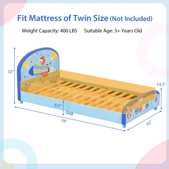 Honeyjoy Children Twin Size Upholstered Platform Single Bed with Headboard & Footboard Blue {3}