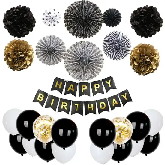 Hot Happy Birthday Decoration Multiple Color Banner Balloons Set Party Supplies Paper black {1}