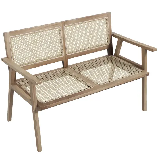 Costway Indonesia Teak Wood Garden Bench 2-Person Bench with Armrests Natural Rattan Backrest & Seat {1}