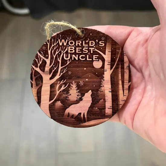 Winter Wolf Worlds Best Uncle - cedar ornament {4}