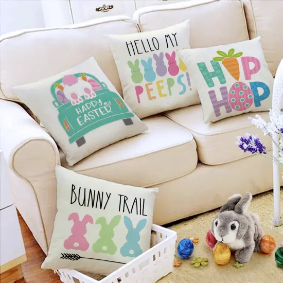 GEEORY Easter Pillow Covers 18x18 Set of 4 Easter Decorations for Home Bunny Truck Hello Peeps Hip Hop Pillows Easter Decorative Throw Pillows Spring Easter Farmhouse Decor {3}