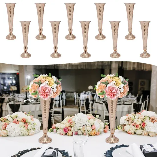 Gold 10Pcs Tall Trumpet Vase Wedding Centerpieces for Tables, Metal Flower Stand {4}