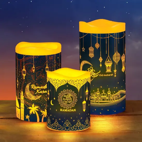 3 PCS Eid Mubarak Flameless LED Candles Lights Eid Decor Candle Lights with Timer Warm White Battery Operated Electric Led Muslim Ramadan Candle Lights for Party Supplies Home Decor {2}