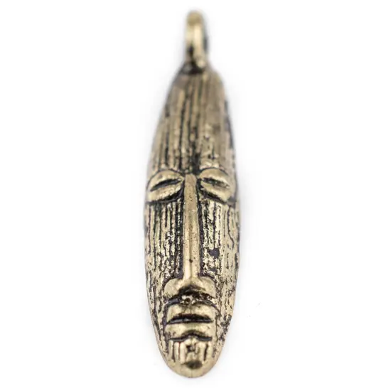 The Bead Chest Elongated Mask Brass Pendant from Africa (47x11mm): Genuine West African Mask Design for DIY Jewelry & Necklaces {3}