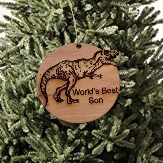 TRex Dinosaur Worlds Best Son - Cedar Ornament {3}