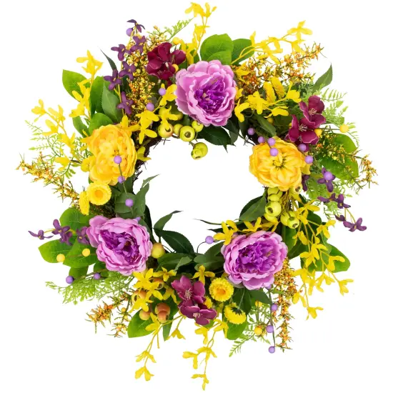 Northlight Peonies and Forsythia Spring Wreath - 24" - Yellow and Purple {1}
