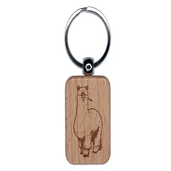 Thick Fluffy Alpaca Engraved Wood Rectangle Keychain Tag Charm {1}