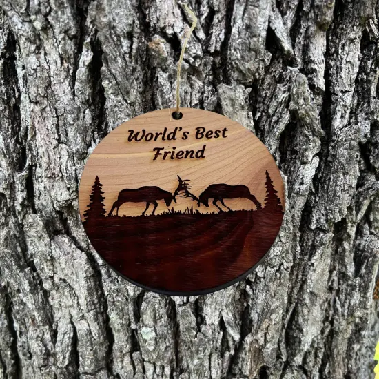 Worlds Best Friend Elk Battle - Cedar Ornament {2}