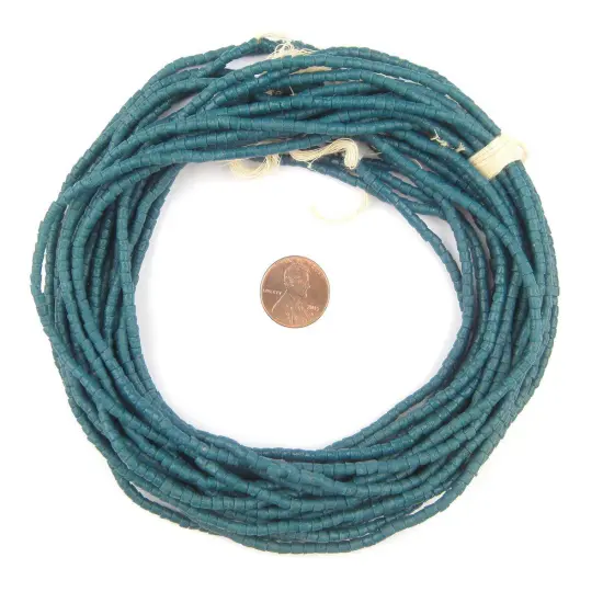 The Bead Chest Ghana Sandcast Beads - Full Strand of African Powder Glass Beads (3mm, Teal) - Single 26" Strand {2}