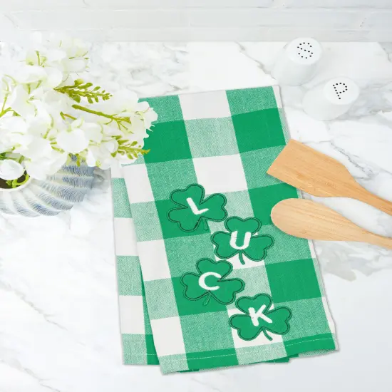 St. Patrick's Day Four Clover "Luck" Plaid Check Cotton Kitchen Dishtowel {5}