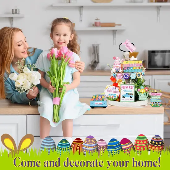 14 PCS Hello Spring Tiered Tray Easter Decorations Fresh Flower Market Wooden Sign Farmhouse Rustic Wood Mini Tiered Tray for Spring Home Decor {5}