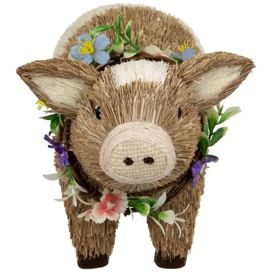 Northlight Boy Piglet with Floral Wreath Spring Figurine - 10.25" - Brown and Beige {1}