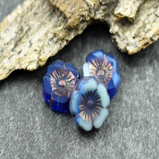 *11* 12mm Bronze Washed Blended Cobalt Turquoise Table Cut Hawaiian Flower Beads (LAST Pack) {4}