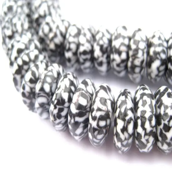The Bead Chest Fused Rondelle Recycled Glass Beads 14mm Black & White, 24-Inch Strand, Handmade in Ghana for Jewelry Making & Crafts | Approximately 86 Beads {1}