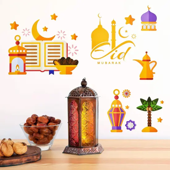 80 PCS Ramadan Window Clings Eid Mubarak Window Stickers Static Ramadan Kareem Window Decals Removable Window Cling Decorations for Ramadan Mubarak Party Classroom Supply, 9 Sheets {4}