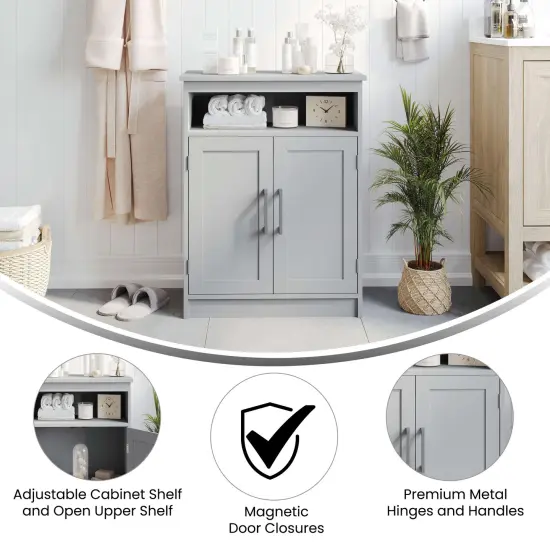 Merrick Lane Vigo Bathroom Storage Cabinet with Adjustable Cabinet Shelf, Upper Open Shelf, and Magnetic Closure Doors Gray {2}
