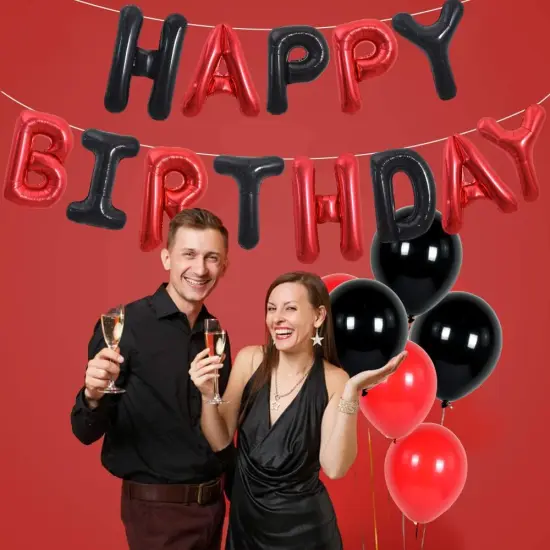 Colorful Celebrations: 16-Inch Mylar Foil Happy Birthday Balloons Banner - Eco-Friendly Decor for All Ages! Black red {2}