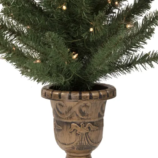 Northlight Set of 2 Pre-Lit Potted Porch Pine Topiary Slim Artificial Christmas Trees 4' - Clear Lights Green {7}