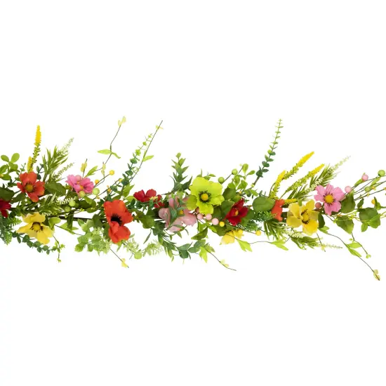 Northlight Poppy and Eucalyptus Spring Garland - 5' - Red and Yellow {4}