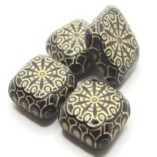 4 37mm Black Plastic Flat Square Beads with Gold {3}