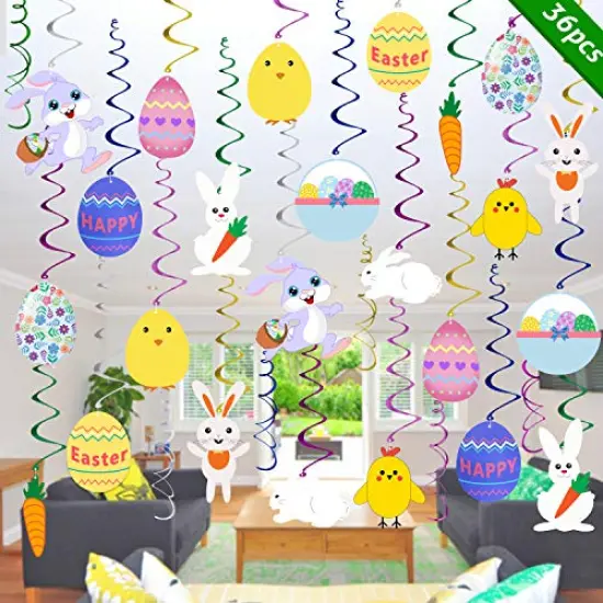 Easter Hanging Swirl Decorations - Pack of 36 | Easter Decorations - Easter Egg Bunny Hanging Swirl Foil Decorations for Home Office School - Easter Party Ornaments Favors Supplies {1}
