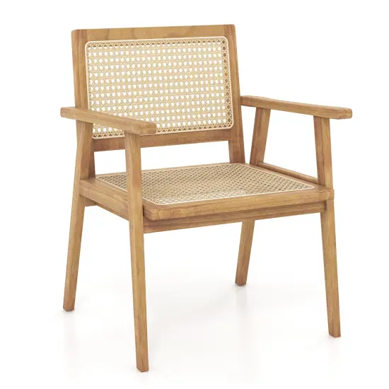 Costway 1/2 PCS Wood Chair Indonesia Teak Wood Armchair with Natural Rattan Seat & Back Patio Chair for Porch {7}