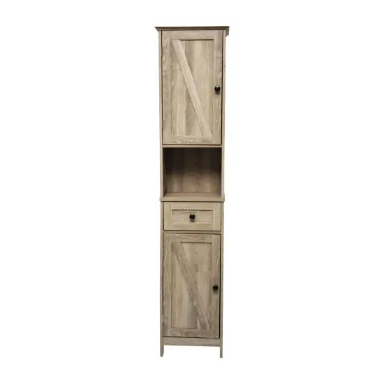 Merrick Lane Delilah Slim Linen Tower Organizer with Storage Drawer, Upper and Lower Cabinets with Magnetic Closure Doors and Open Shelf Brown {3}