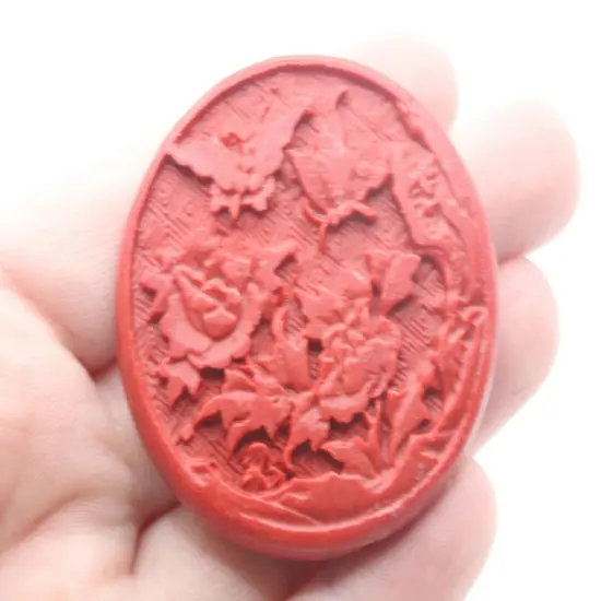 47mm Red Carved Cinnabar Flower and Butterfly Focal Bead {2}