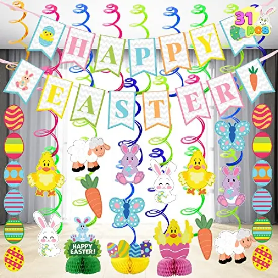 JOYIN 31 PCS Easter Decorations Egg Bunny Foil Swirl Party Hanging Decoration huge Value Kit for Easter and Themed Party Decoration bid {1}