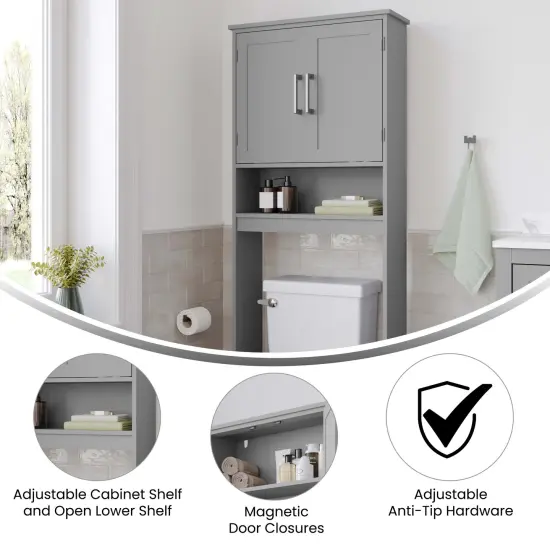 Merrick Lane Vigo Over the Toilet Bathroom Organizer with Shelves and Magnetic Closure Doors Gray {2}