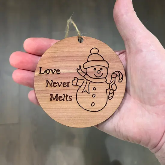 Love Never Melts Snowman - Cedar Ornament {3}