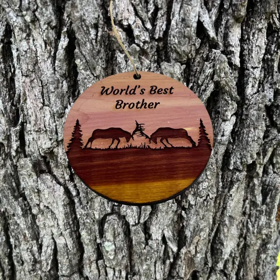 Worlds Best Brother Elk Battle - Cedar Ornament {3}