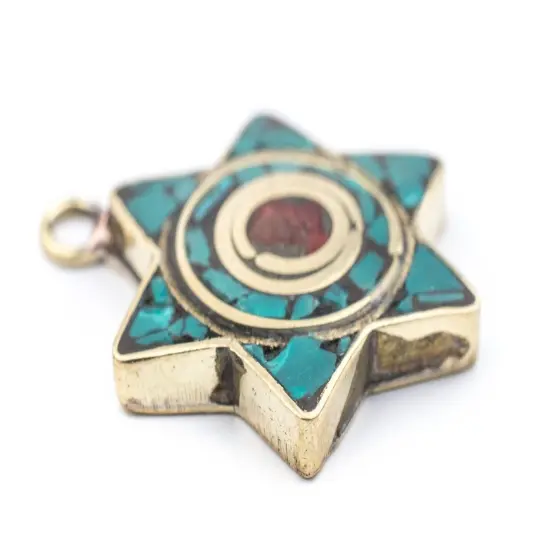 The Bead Chest Nepali Star of David Pendant: Authentic Ethnic Judaica Brass Charm Inlaid with Stone for DIY Necklace and Jewelry (Turquoise & Coral) {3}