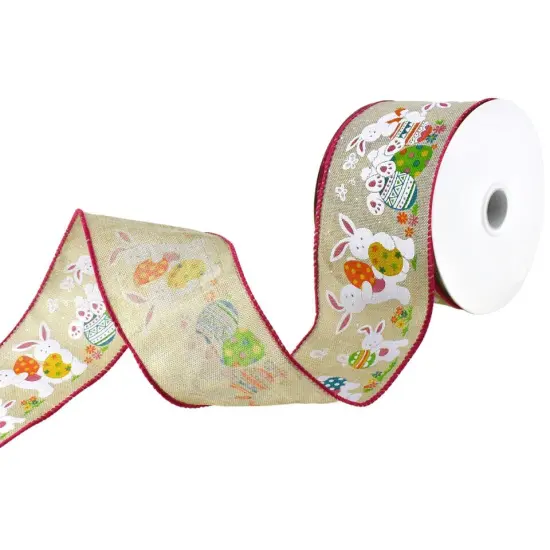 Playful Fun Easter Bunnies Wired Ribbon, 2-1/2-inch, 10-yard, Natural {3}