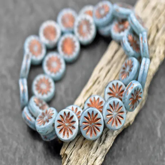 *15* 12mm Copper Washed Sky Blue Silk Aster Flower Coin Beads {3}