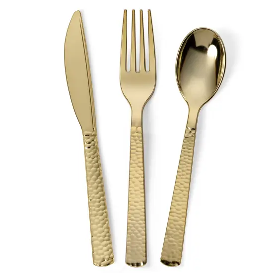 150 Piece Gold Hammered Finish Plastic Cutlery Utensil Set - Metallic Plastic Silverware Set (50 Sets) {3}