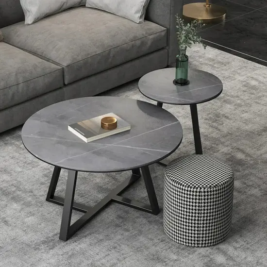 Exclusive Design 2PCS Nesting Marble Coffee Table Round Side Table w/ Metal Base {4}