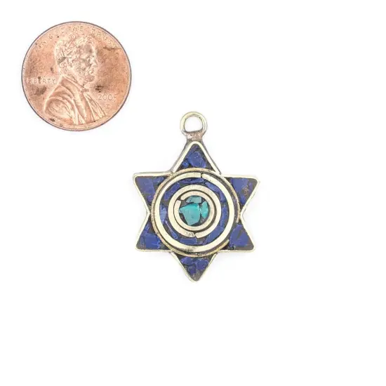 The Bead Chest Nepali Star of David Pendant: Authentic Ethnic Judaica Brass Charm Inlaid with Stone for DIY Necklace and Jewelry (Blue & Turquoise) {2}