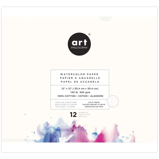 Art Philosophy Art Philosophy Watercolor Paper Pad 12x12, 12 Sheets, 140 Lb (300 Gsm) 100% Cotton Cold Press 655350651381 {1}