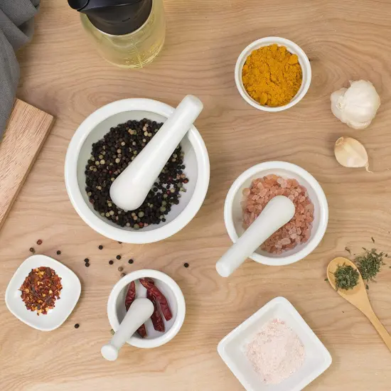 HIC Mortar and Pestle Spice Herb Grinder Pill Crusher Set, Fine-Quality Porcelain, Set of 3 {4}