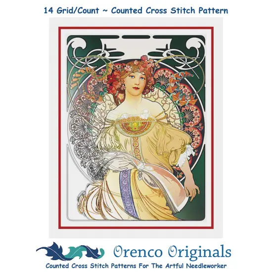 Art Nouveau Alphonse Mucha's Green Reverie Counted Cross Stitch Chart Pattern {1}