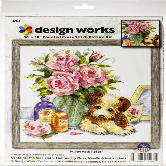 Design Works Counted Cross Stitch Kit 10"X10"-Puppy W/Roses {1}
