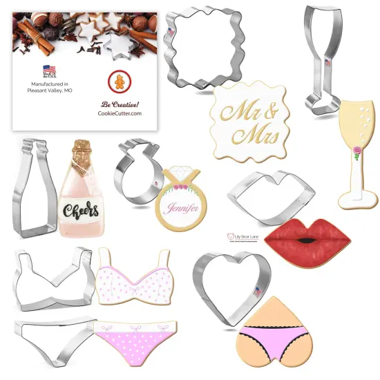 CookieCutter.com Bachelorette Party 8 Piece Cookie Cutters Set, Champagne Glass, Ring, Bottle, Bikini, Lipstick, Plaque, Tin Plate Steel, USA {1}