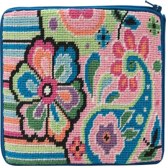 Stitch & Zip Needlepoint Cosmetic Purse Kit- Pastel Floral Paisley Multicolor {1}
