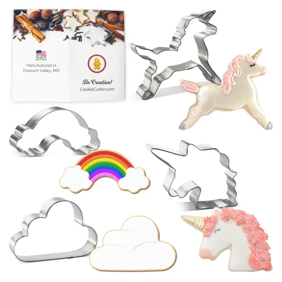 CookieCutter.com Unicorn Birthday 4 Piece Cookie Cutters Set, Rainbow, Unicorn Head, Cloud, Tin Plate Steel, USA {1}