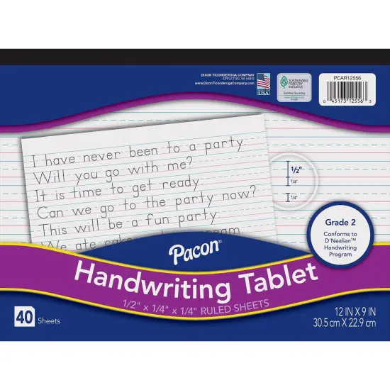 Handwriting Tablet, White, 1/2 in x 1/4 in x 1/4 in Ruled Long, 12" x 9", 40 Sheets, Pack of 12 {5}