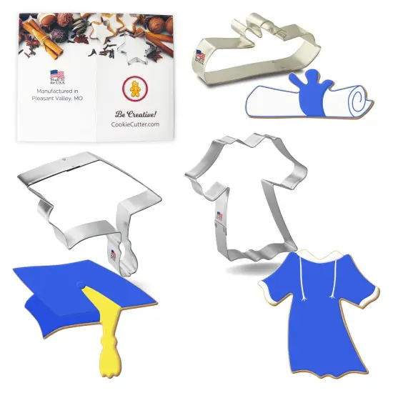 CookieCutter.com Graduation Cookie Cutter 3 Piece Set, 4 - 4.5 in, Cap, Tin Plate Steel, USA {1}