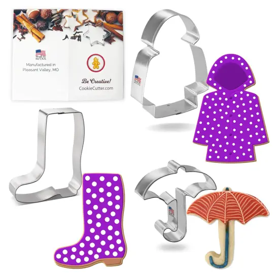 CookieCutter.com Raincoat Cookie Cutter 3 Pc Set 3 - 4 in Rainboot Umbrella Tin Plate Steel USA {1}